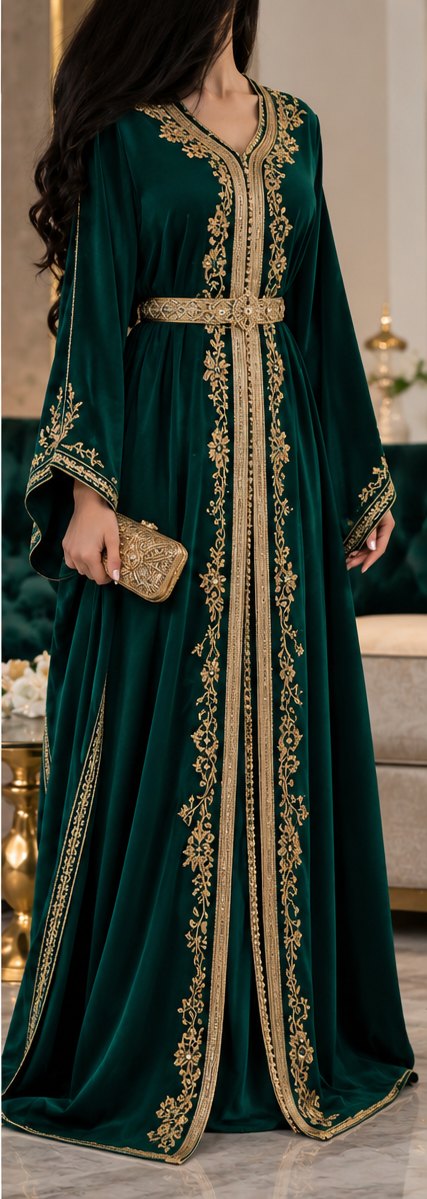 Caftan en velours vert émeraude brodé d'or, ceinture dorée